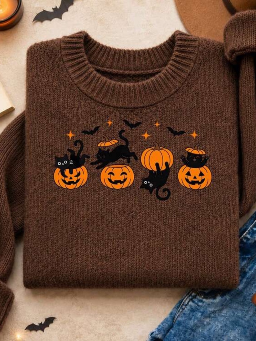 Coffee Brown Halloween Pumpkin & Cat Sweater